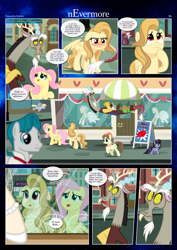 Size: 3259x4607 | Tagged: safe, artist:estories, derpibooru import, derpy hooves, discord, fluttershy, oc, oc:alice goldenfeather, draconequus, pegasus, pony, comic:nevermore, blushing, clothes, comic, dress, flower, flying, high res, mannequin, rose, speech bubble