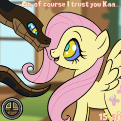 Size: 1080x1080 | Tagged: safe, artist:ordeperv, derpibooru import, fluttershy, pegasus, pony, snake, animated, fluttershy's cottage, gif, hypno eyes, hypnoshy, hypnosis, hypnotized, kaa, kaa eyes, looking at each other, looking at someone, open mouth, open smile, smiling, spread wings, wings