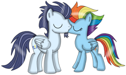 Size: 1198x720 | Tagged: safe, artist:dasher666, derpibooru import, rainbow dash, soarin', pegasus, pony, the last problem, female, kiss on the lips, kissing, male, mare, older, older rainbow dash, older soarin', older soarindash, shipping, simple background, soarindash, stallion, straight, white background