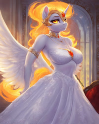 Size: 800x1000 | Tagged: safe, ai content, derpibooru import, machine learning generated, daybreaker, anthro, clothes, dress, female, prompter:fragglezed, solo, solo female, white dress