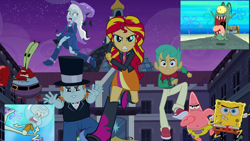 Size: 1920x1080 | Tagged: safe, artist:cutler1228, derpibooru import, edit, edited screencap, screencap, snails, snips, sunset shimmer, trixie, equestria girls, 1000 hours in ms paint, 1000 years in photoshop, boots, clothes, high heel boots, jacket, karate, low effort, mr. krabs, patrick star, plankton, reference, running, shirt, shoes, skirt, spongebob reference, spongebob squarepants, squidward tentacles