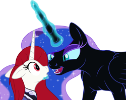 Size: 2551x2030 | Tagged: safe, artist:grypher, derpibooru import, nightmare moon, oc, oc:radiant star, canon x oc, fangs, implied lesbian, looking at each other, looking at someone, missing accessory, shipping, simple background, transparent background