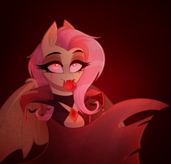 Size: 1040x1000 | Tagged: safe, artist:thewandie, derpibooru import, fluttershy, bat, bat pony, butterfly, pony, spider, undead, vampire, vampony, apple, bat ponified, blood, cape, choker, clothes, commission, cute, cute little fangs, eyeshadow, fangs, female, flutterbat, food, gradient background, halloween, holiday, lidded eyes, makeup, mare, race swap, red background, red eyes, simple background, solo, spread wings, thick eyelashes, wings, ych result