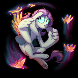 Size: 3000x3000 | Tagged: safe, artist:jehr, derpibooru import, fluttershy, butterfly, diamond dog, black background, blue eyes, cowering, diamond dogified, female, flutterdog, glowing, hand, lineart, long ears, long tail, magic, paws, scared, shy, simple background, soaring, solo, species swap, tail, waistcoat, wings