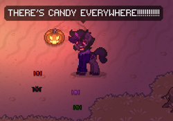 Size: 366x256 | Tagged: safe, derpibooru import, oc, oc:dusk thorns, pony, unicorn, candy, clothes, crying, food, halloween, holiday, hoodie, pixel art, pony town, screaming