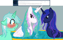 Size: 1080x700 | Tagged: safe, artist:azure-doodle, derpibooru import, princess celestia, princess luna, pony, blushing, sexually confused lyra, wet, wet mane