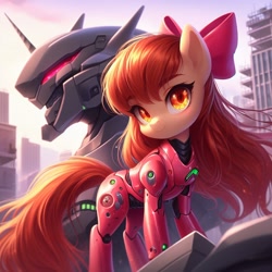 Size: 1024x1024 | Tagged: safe, ai content, derpibooru import, generator:bing image creator, machine learning generated, apple bloom, earth pony, pony, robot, city, clothes, crossover, female, filly, foal, neon genesis evangelion, plugsuit, solo