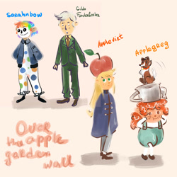 Size: 1417x1417 | Tagged: safe, artist:ponieswerehere, derpibooru import, apple bloom, applejack, gilda, rainbow dash, winona, dog, human, apple hat, female, halloween, hat, holiday, humanized, over the garden wall