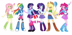 Size: 6000x2941 | Tagged: safe, artist:jack-pie, derpibooru import, applejack, fluttershy, pinkie pie, rainbow dash, rarity, twilight sparkle, human, equestria girls, 2015, belt, boots, clothes, cowboy boots, cowboy hat, hat, high heel boots, humane five, humane six, jacket, old art, shirt, shoes, simple background, skirt, socks, vest, white background