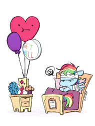 Size: 853x1125 | Tagged: safe, artist:emptygoldstudio, derpibooru import, rainbow dash, pegasus, pony, :t, balloon, bandage, bandaged wing, bed, chibi, female, food, heart, heart balloon, hospital bed, implied stupid, lying down, mare, muffin, on back, simple background, solo, white background, wings