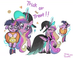 Size: 1440x1142 | Tagged: safe, artist:petaltwinkle, derpibooru import, princess cadance, twilight sparkle, unicorn twilight, alicorn, pony, unicorn, alternate hair color, candy, candy corn, clothes, costume, cute, cutedance, daaaaaaaaaaaw, dress, duo, ears, eyeshadow, female, filly, filly twilight sparkle, floppy ears, foal, food, food costume, glowing, glowing horn, hair dye, halloween, halloween costume, hat, heart, heart eyes, holiday, hoof shoes, horn, levitation, lollipop, looking at you, magic, makeup, nightmare night, nightmare night costume, open mouth, open smile, pumpkin bucket, pumpkin costume, signature, simple background, smiling, smiling at you, teen princess cadance, telekinesis, twiabetes, white background, wingding eyes, witch costume, witch hat, younger