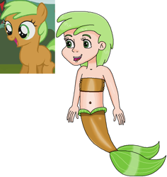 Size: 874x925 | Tagged: safe, artist:ocean lover, derpibooru import, apple crumble, earth pony, human, mermaid, pony, apple family reunion, season 3, apple family member, bandeau, bare shoulders, belly, belly button, brown tail, cheerful, child, cute, excited, fins, fish tail, green eyes, green hair, happy, human coloration, humanized, innocent, light skin, looking at someone, mermaid tail, mermaidized, midriff, ms paint, open mouth, open smile, reference, short hair, simple background, sleeveless, smiling, species swap, tail, tail fin, white background