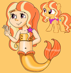 Size: 780x802 | Tagged: safe, artist:ocean lover, derpibooru import, gilded lily, human, mermaid, pony, unicorn, bandeau, bare shoulders, bashful, belly, belly button, child, cute, fins, fish tail, hair ribbon, hand behind back, happy, human coloration, humanized, light skin, long hair, mermaid tail, mermaidized, midriff, ms paint, orange hair, pink eyes, reference, ribbon, shy, simple background, sleeveless, smiling, species swap, tail, tail fin, two toned hair, vector, waving, yellow background