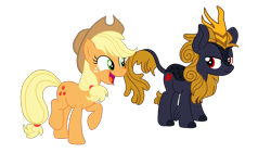 Size: 3377x1900 | Tagged: safe, artist:gmaplay, derpibooru import, applejack, oc, oc:banshee, earth pony, kirin, pony, duo, duo female, female, kirin oc, mare, open mouth, raised hoof, raised leg, simple background, solo, transparent background