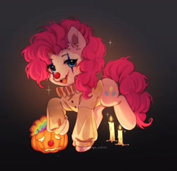 Size: 2048x1972 | Tagged: safe, artist:tyutya, derpibooru import, pinkie pie, earth pony, pony, g4, candle, clothes, clown, clown makeup, clown nose, costume, eyebrows, fangs, female, halloween, halloween costume, high res, holiday, it, jack-o-lantern, looking at you, mare, open mouth, pennywise, pumpkin, red nose, signature, solo, sparkles