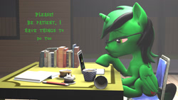 Size: 1920x1080 | Tagged: safe, artist:fernando-fontes-64, derpibooru import, oc, oc:fernando jesús, alicorn, pony, 3d, announcement, bags under eyes, book, chair, coffee, coffee cup, computer, cup, description, glasses, jpg, laptop computer, pencil, sitting, solo, source filmmaker, table, teacup, tired