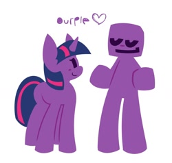 Size: 1082x1028 | Tagged: safe, artist:mihar34, derpibooru import, twilight sparkle, unicorn twilight, human, pony, unicorn, duo, five nights at freddy's, purple guy, simple background, smiling, text, white background