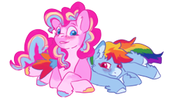 Size: 1280x760 | Tagged: safe, artist:rosenapppiing, derpibooru import, pinkie pie, rainbow dash, earth pony, pegasus, pony, blushing, duo, female, lesbian, lying down, pinkiedash, shipping, simple background, unshorn fetlocks, white background