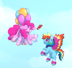 Size: 1280x1211 | Tagged: safe, artist:rosenapppiing, derpibooru import, pinkie pie, rainbow dash, earth pony, pegasus, pony, balloon, duo, exclamation point, eyes closed, female, flailing, floating, flying, lesbian, open mouth, open smile, pinkiedash, shipping, smiling, spread wings, then watch her balloons lift her up to the sky, wings