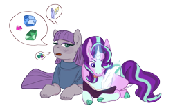 Size: 1280x799 | Tagged: safe, artist:rosenapppiing, derpibooru import, maud pie, starlight glimmer, earth pony, pony, unicorn, :p, book, clothes, duo, lying down, magic, open mouth, simple background, smiling, sweater, telekinesis, tongue, tongue out, transparent background, unshorn fetlocks