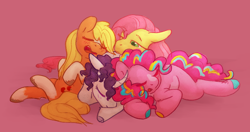 Size: 1146x606 | Tagged: safe, artist:rosenapppiing, derpibooru import, applejack, fluttershy, pinkie pie, rarity, earth pony, pegasus, pony, unicorn, cuddle puddle, cuddling, cute, diapinkes, eyes closed, jackabetes, lying down, open mouth, pink background, pony pile, raribetes, shyabetes, simple background, sleeping, snoring, sweet dreams fuel