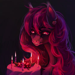 Size: 3000x3000 | Tagged: safe, artist:unten, derpibooru import, oc, oc only, bat pony, pony, bat pony oc, birthday, birthday cake, cake, candle, fangs, food, solo