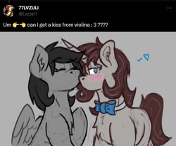 Size: 1516x1254 | Tagged: safe, artist:reddthebat, derpibooru import, oc, oc only, oc:violina (reddthebat), pegasus, pony, unicorn, ask, blush lines, blushing, bowtie, chest fluff, duo, ear fluff, ears, eyes closed, fingers together, gray background, heart, kissing, nose kiss, nose wrinkle, simple background, text