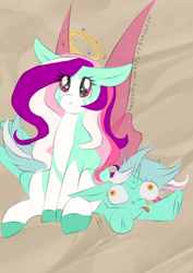 Size: 1240x1754 | Tagged: safe, artist:sweetpea-and-friends, derpibooru import, lyra heartstrings, oc, oc:sweet pea, flutter pony, unicorn, canon x oc, cute, fairy, fairy wings, innocent, puppy dog eyes, silly, wings