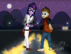 Size: 4160x3120 | Tagged: safe, artist:tidmouthmilk12, derpibooru import, twilight sparkle, oc, oc:tidmouth milk, equestria girls, back to the future, camcorder, clothes, costume, duo, fire, glasses, looking at you, looking back, looking back at you, moon, night, pencil, remote control, screwdriver, shocked, shocked expression, signature, video camera, watch, wristwatch