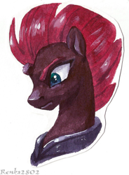 Size: 995x1355 | Tagged: safe, artist:tigra0118, derpibooru import, tempest shadow, pony, unicorn, bust, looking at someone, portrait, solo, traditional art, watercolor painting