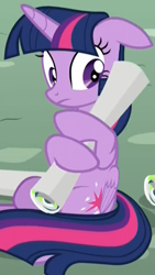 Size: 541x962 | Tagged: safe, derpibooru import, screencap, twilight sparkle, twilight sparkle (alicorn), alicorn, pony, season 8, the washouts (episode), spoiler:s08, awkward, caught, cropped, cute, ears, embarrassed, female, floppy ears, frown, looking away, mare, ponyville, poster, sitting, twiabetes, wide eyes, wings