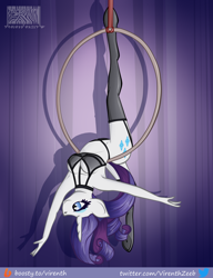 Size: 1000x1301 | Tagged: safe, artist:virenth, derpibooru import, rarity, anthro, unguligrade anthro, unicorn, aerial hoop, clothes, female, gymnastics, hanging, harness, mare, smiling, solo, solo female, stockings, underwear, upside down