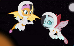 Size: 5692x3543 | Tagged: safe, artist:akira-deathman666, derpibooru import, ocellus, smolder, changedling, changeling, dragon, dragoness, duo, female, moon, smiling, space, spacesuit, spread wings, stars, sun, wings