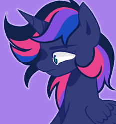 Size: 402x432 | Tagged: safe, derpibooru import, oc, oc only, oc:nebula night, alicorn, pony, unicorn, alicorn oc, alternate universe, closed mouth, cute, female, frown, horn, magical lesbian spawn, mare, next generation, offspring, parent:princess luna, parent:twilight sparkle, parents:twiluna, princess, purple background, royalty, side profile, simple background, solo, wings