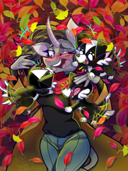 Size: 1536x2048 | Tagged: safe, artist:jully-park, derpibooru import, oleander, anthro, classical unicorn, dog, unicorn, them's fightin' herds, autumn, cloven hooves, community related, horn, laughing, leaves, leonine tail, puppy, smiling, unshorn fetlocks