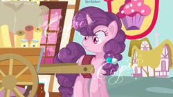 Size: 1600x900 | Tagged: safe, derpibooru import, sugar belle, pony, unicorn, base, base used, cart, curly hair, curly mane, curly tail, female, solo, sugarcube corner, tail