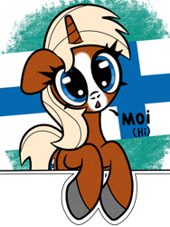 Size: 1200x1600 | Tagged: safe, artist:scandianon, derpibooru import, oc, oc only, oc:finnmare, pony, unicorn, breaking the fourth wall, female, finland, flag, hi, hooves, looking at you, mare, nation ponies, ponified, solo, species swap, talking, talking to viewer, white outline