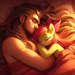 Size: 1024x1024 | Tagged: safe, ai content, derpibooru import, generator:bing image creator, machine learning generated, apple bloom, earth pony, human, pony, bed, cute, human and pony, human on pony snuggling, interspecies, lying down, lying on bed, on bed, snuggling, sunlight, sunrise