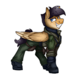 Size: 2300x2300 | Tagged: safe, artist:molars, derpibooru import, oc, oc only, oc:lockheed venture, pegasus, armor, boots, concave belly, dark mane, folded wings, full body, looking at you, outfit, shoes, simple background, smiling, smug, solo, transparent background, wings