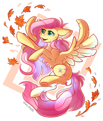 Size: 1576x1860 | Tagged: safe, alternate version, artist:yuris, derpibooru import, fluttershy, pegasus, pony, alternate character, autumn, cute, female, leaves, open mouth, shyabetes, simple background, smiling, solo, white background