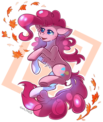 Size: 1576x1860 | Tagged: safe, alternate version, artist:yukomaussi, artist:yuris, derpibooru import, pinkie pie, earth pony, pony, alternate character, autumn, female, leaves, open mouth, simple background, smiling, solo, white background
