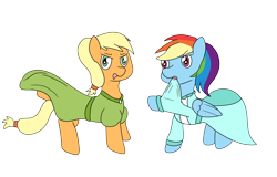 Size: 5000x3200 | Tagged: safe, artist:nine-the-divine, derpibooru import, applejack, rainbow dash, earth pony, pegasus, pony, applejack also dresses in style, clothes, dress, female, rainbow dash always dresses in style, simple background, transparent background