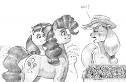 Size: 1400x913 | Tagged: safe, artist:baron engel, derpibooru import, applejack, pinkie pie, rarity, earth pony, pony, unicorn, apple, female, food, mare, monochrome, pencil drawing, traditional art