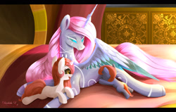 Size: 2400x1525 | Tagged: safe, artist:darksly, derpibooru import, princess celestia, princess luna, oc, alicorn, unicorn, alicorn oc, breastfeeding, foal, horn, nonsexual nursing, nursing, suckling, wings