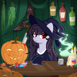 Size: 1500x1500 | Tagged: safe, artist:cursedsooooul, derpibooru import, oc, oc only, oc:stalker-chan, bat, earth pony, pony, blood, bottle, candy, cauldron, clothes, commission, dress, food, halloween, hat, holiday, jack-o-lantern, knife, lollipop, potion, pumpkin, solo, table, witch, witch costume, witch hat, ych result