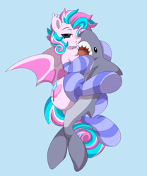 Size: 5000x6000 | Tagged: source needed, safe, artist:haruk, derpibooru import, oc, oc only, oc:sweetie swirl, bat pony, shark, bedroom eyes, blue background, blåhaj, chest fluff, clothes, cuddling, cutie mark, femboy, lidded eyes, looking at you, male, multicolored hair, plushie, shark plushie, simple background, smiling, smiling at you, socks, striped socks, thighs, thunder thighs