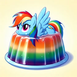 Size: 1024x1024 | Tagged: safe, ai content, derpibooru import, generator:bing image creator, machine learning generated, rainbow dash, pegasus, pony, female, food, foodplay, jello, looking up, plate, ponies in food, simple background, solo, stuck, white background, wings