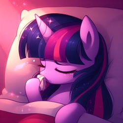 Size: 1024x1024 | Tagged: safe, ai content, derpibooru import, generator:bing image creator, machine learning generated, twilight sparkle, twilight sparkle (alicorn), alicorn, bed, blanket, cold, cute, eyes closed, nose rub, pillow, prompter:evergreen, sick, sparkles, tissue
