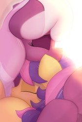 Size: 1448x2160 | Tagged: safe, artist:glutenfree_texmex, derpibooru exclusive, derpibooru import, cheerilee, scootaloo, scootaloo (g3), earth pony, pony, g3, g3.5, g4, close-up, dream, eyes closed, female, g3 to g4, generation leap, hug, mlp fim's thirteenth anniversary, nuzzling, scootalove, sibling love, siblings, sisterly love, sisters