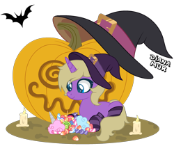 Size: 2130x1788 | Tagged: safe, artist:dianamur, artist:yeetmedownthestairs, derpibooru import, oc, oc only, oc:hay meadow, bat, pony, unicorn, base used, candle, candy, clothes, commission, cute, female, food, halloween, hat, holiday, jack-o-lantern, lying down, mare, prone, pumpkin, simple background, socks, solo, striped socks, sweets, transparent background, witch, witch hat, ych result